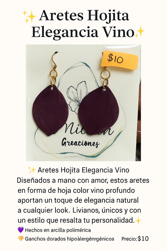 ✨ Aretes ELEGANCIA HOJITAS VINO ✨