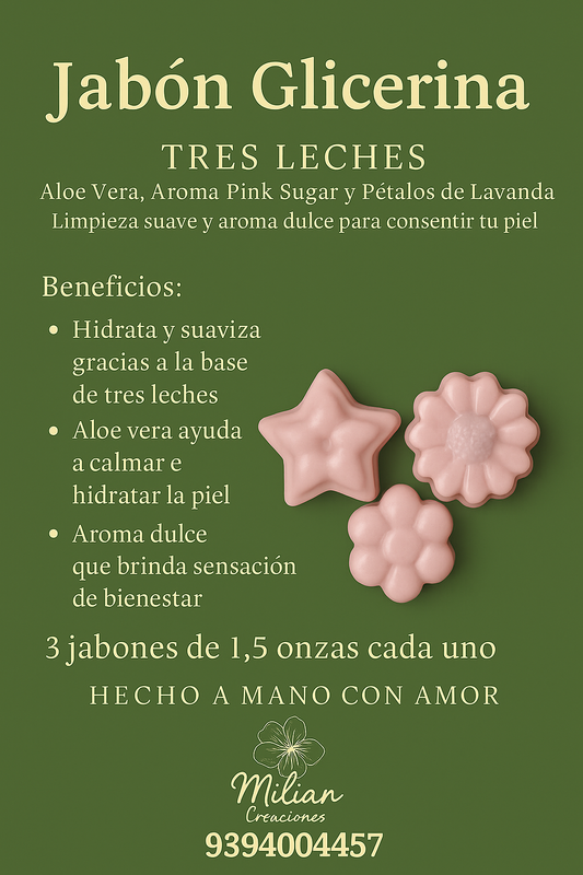 JABÓN GLICERINA TRES LECHES 3 unidades de 1.5 onzas aproximadamente