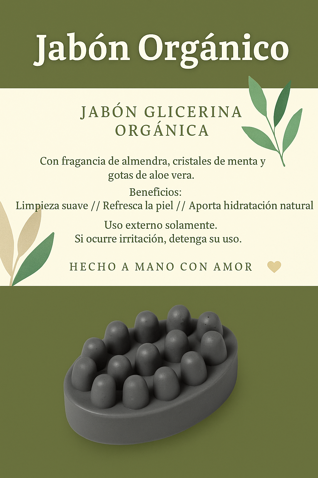 🧼 Jabón Glicerina Orgánica con Almendra, Menta y Aloe Vera